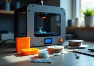 Рабочий стол мастерской с прототипами из PETG и нейлона, катушки филамента, прибор для контроля влажности и настольный 3D‑принтер на заднем плане