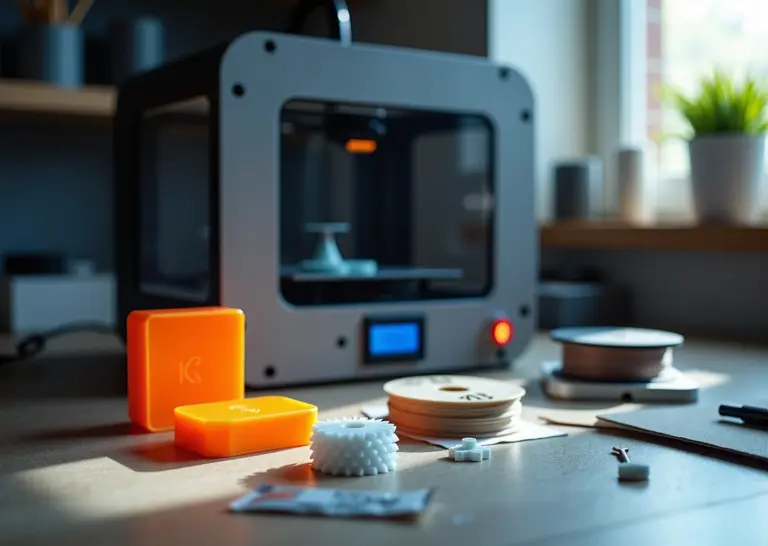 Рабочий стол мастерской с прототипами из PETG и нейлона, катушки филамента, прибор для контроля влажности и настольный 3D‑принтер на заднем плане