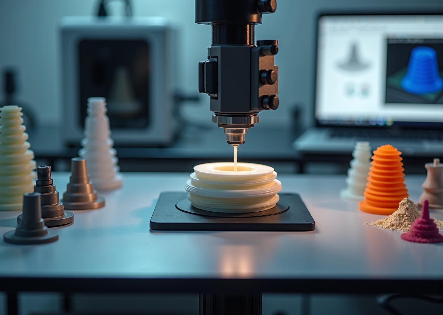 Мастер проводит тест прочности 3D‑печатной детали на универсальной испытательной машине, рядом видны заводские аналоги и 3D‑принтеры