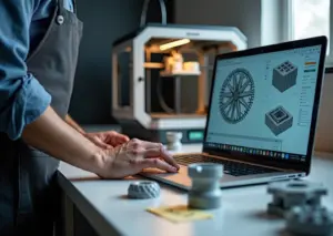 Небольшая мастерская 3D‑печати: работающие принтеры, на экране ноутбука генеративный дизайн и графики ИИ, распечатанные латисные детали, техник за работой