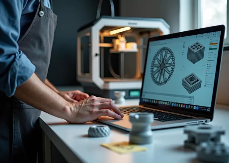 Небольшая мастерская 3D‑печати: работающие принтеры, на экране ноутбука генеративный дизайн и графики ИИ, распечатанные латисные детали, техник за работой
