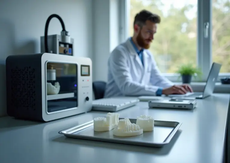 Современная небольшая зуботехническая лаборатория с 3D‑принтером, готовыми элайнерами и хирургическими шаблонами, сканером и технической печатной оснасткой