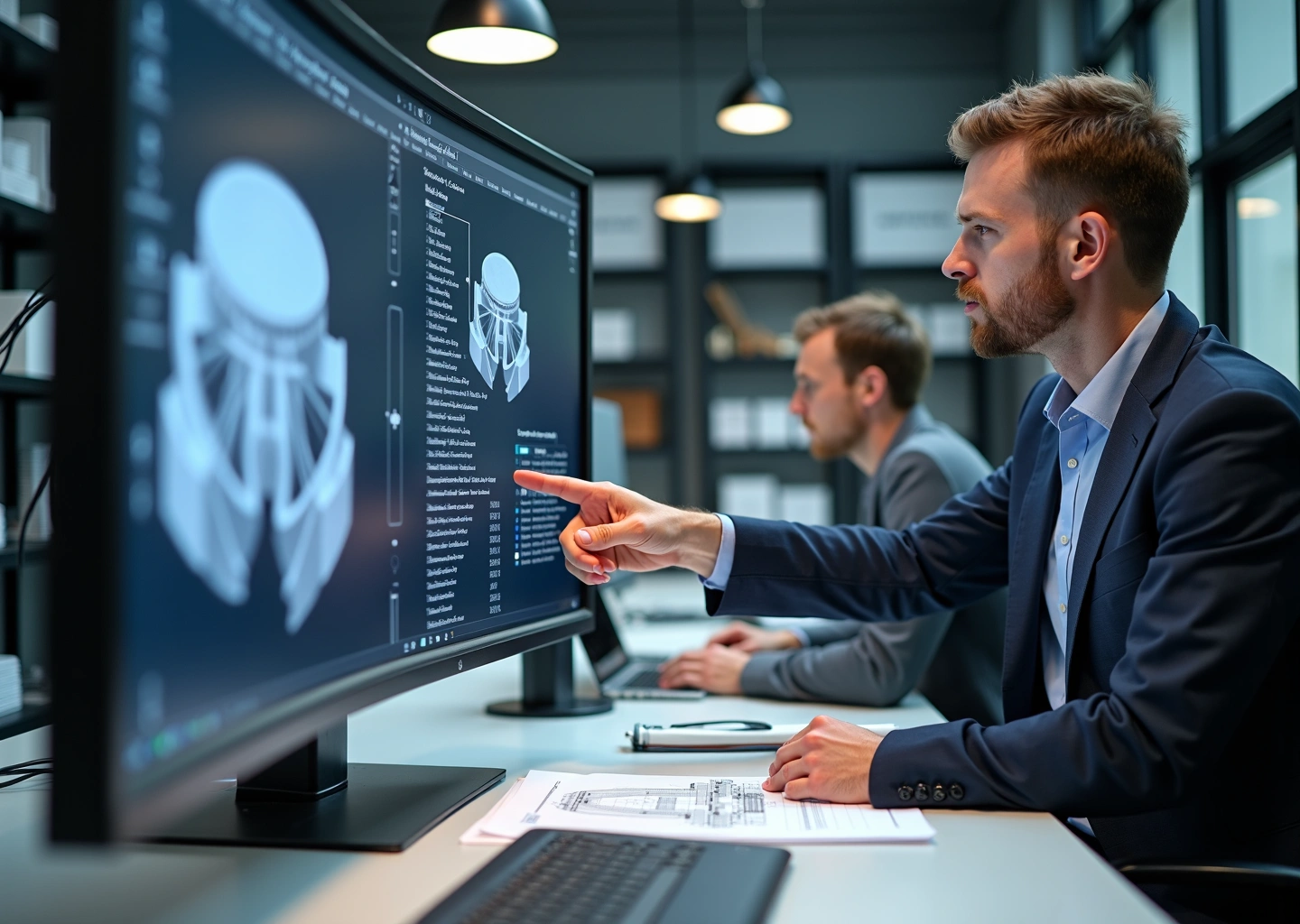 Офисная 3D‑мастерская: инженер с CAD на экране, промышленный 3D‑принтер и готовые детали, переговоры с корпоративным клиентом