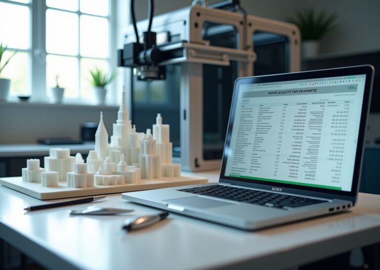 Рабочая мастерская: 3D‑принтер печатает архитектурный макет, на столе ноутбук с таблицей расчётов и инструменты для постобработки