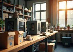 Мастерская для экологичной 3D‑печати с принтерами, катушками переработанного филамента и оборудованием для экструзии