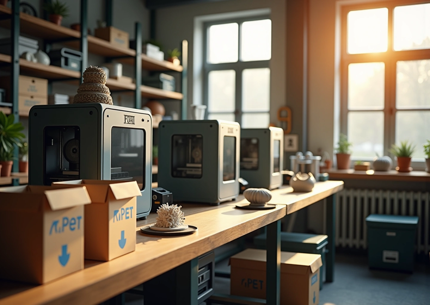 Мастерская для экологичной 3D‑печати с принтерами, катушками переработанного филамента и оборудованием для экструзии