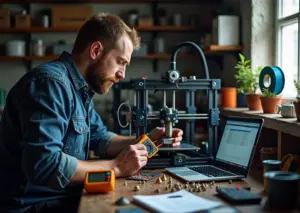 Мастер осматривает б/у 3D‑принтер на рабочем столе с ноутбуком и катушками филамента