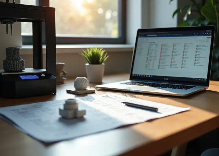 Рабочее место малого бизнеса по 3D‑печати: принтеры, напечатанные образцы и распечатанное коммерческое предложение на столе