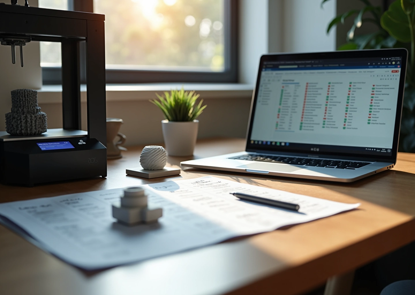 Рабочее место малого бизнеса по 3D‑печати: принтеры, напечатанные образцы и распечатанное коммерческое предложение на столе