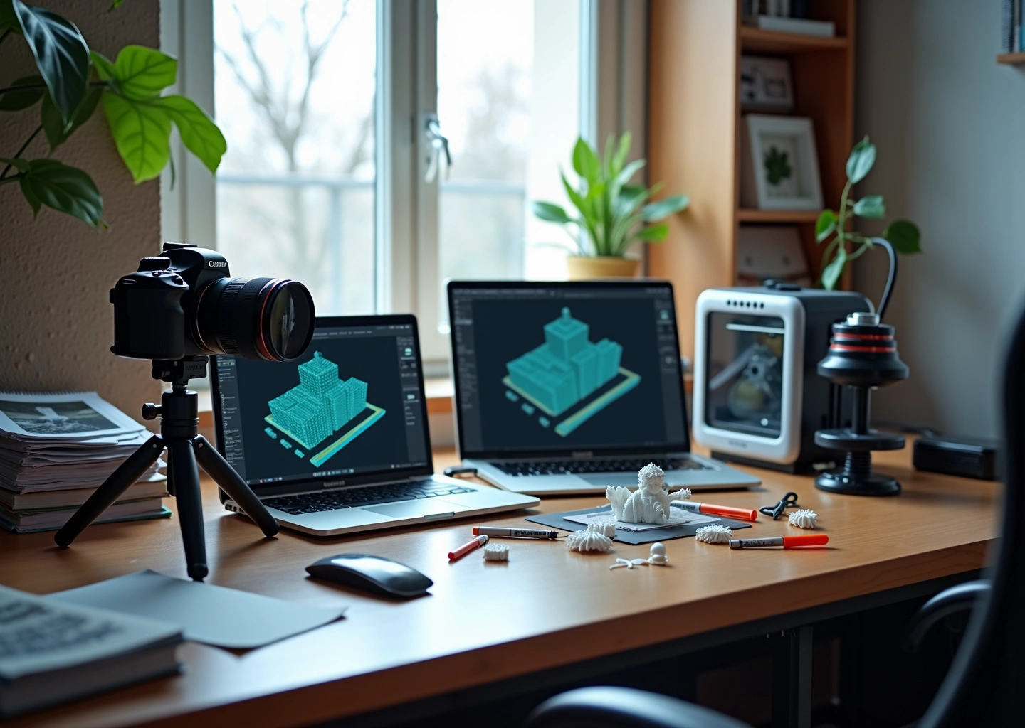 Рабочая студия малого бизнеса: камера, ноутбук с point cloud, портативный лазерный сканер и 3D‑принтер на столе, готовые модели и аксессуары
