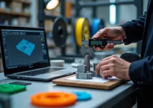 Инженер в мастерской малого бизнеса измеряет 3D‑напечатанную деталь цифровым штангенциркулем на фоне FDM и SLA принтеров и тест‑деталей