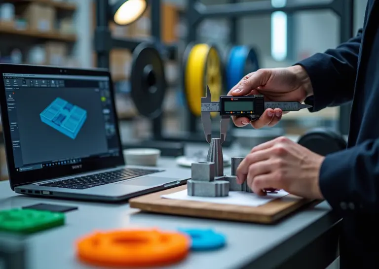 Инженер в мастерской малого бизнеса измеряет 3D‑напечатанную деталь цифровым штангенциркулем на фоне FDM и SLA принтеров и тест‑деталей