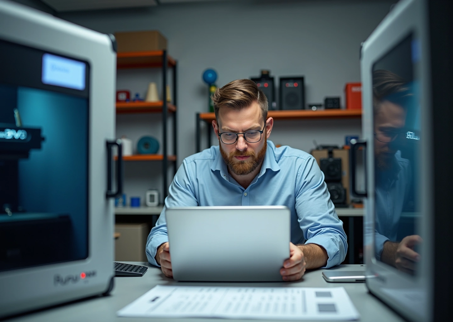 Предприниматель в мастерской с 3D‑принтерами и документами на получение гранта