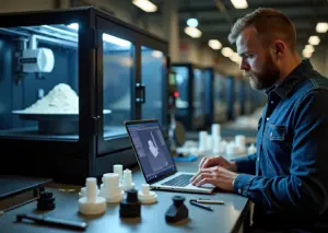 Небольшой 3D‑цех в России: оператор у SLS‑принтера, лоток с порошком и готовые детали на столе