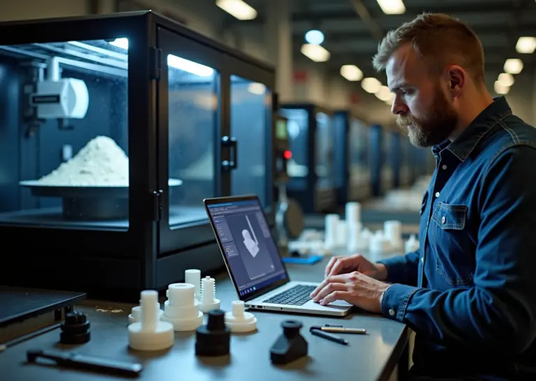 Небольшой 3D‑цех в России: оператор у SLS‑принтера, лоток с порошком и готовые детали на столе