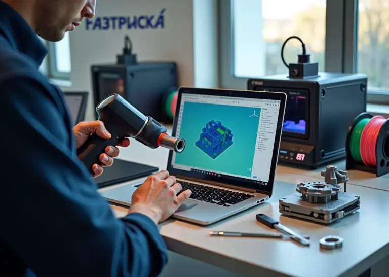 Техник сканирует металлическую деталь ручным 3D‑сканером на столе с ноутбуком, 3D‑принтерами и распечатанными деталями на заднем плане