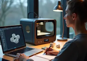 Дизайнер у ноутбука с параметрической 3D‑моделью и настольным 3D‑принтером, напечатанные образцы на столе