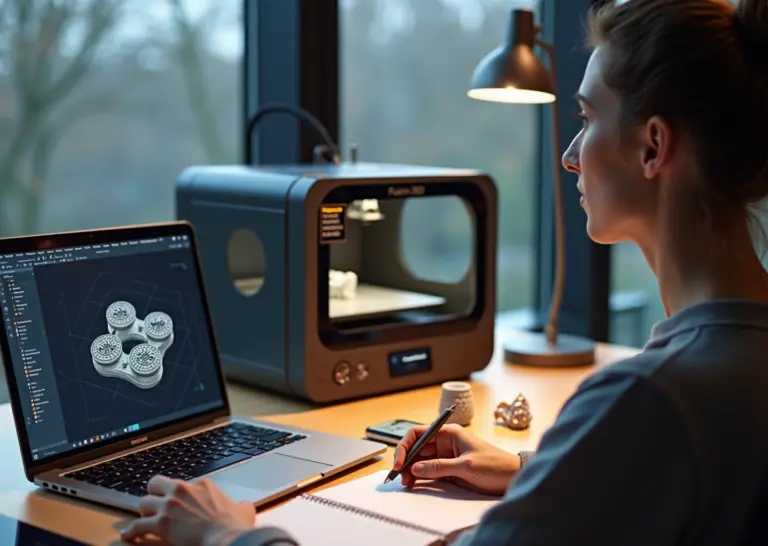 Дизайнер у ноутбука с параметрической 3D‑моделью и настольным 3D‑принтером, напечатанные образцы на столе
