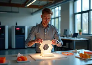 Мастерская малого бизнеса с 3D-принтерами: предприниматель демонстрирует 4D-деталь, которая меняет форму, на фоне оборудования и образцов