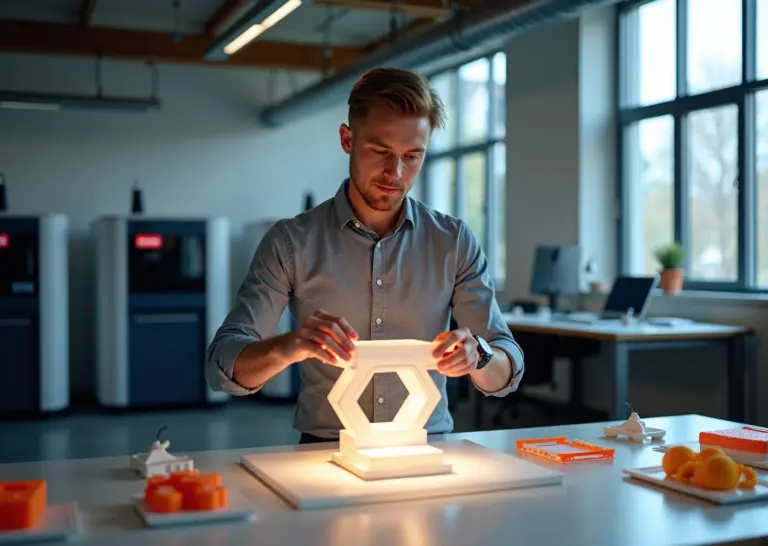 Мастерская малого бизнеса с 3D-принтерами: предприниматель демонстрирует 4D-деталь, которая меняет форму, на фоне оборудования и образцов