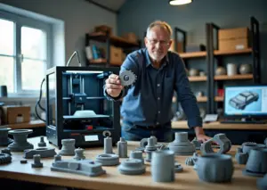 Владелец мастерской по 3D‑печати показывает напечатанную автозапчасть на фоне принтера и рабочего стола