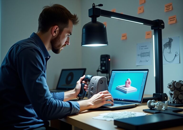 Оператор с ручным 3D‑сканером и ноутбуком в небольшой студии, рядом 3D‑напечатанные образцы и профессиональный настольный сканер