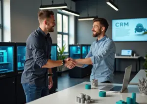 Интерьер 3D‑студии с оборудованием, оператор за ноутбуком и рукопожатием с представителем франшизы