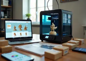 Небольшая мастерская с 3D‑принтером, ноутбук с витриной интернет‑магазина, готовые отпечатанные модели и упаковка, деловые документы и смартфон для оплаты