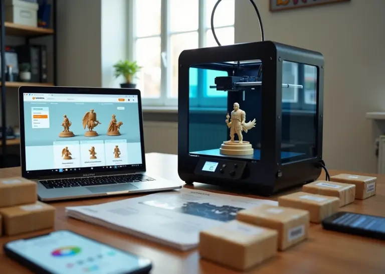 Небольшая мастерская с 3D‑принтером, ноутбук с витриной интернет‑магазина, готовые отпечатанные модели и упаковка, деловые документы и смартфон для оплаты