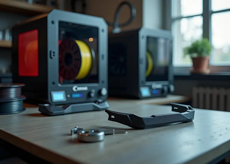 Фотореалистичное изображение мастерской малого бизнеса с 3D‑принтерами, на столе напечатанные автомобильные детали из ASA и Nylon‑CF, катушки филамента, калибр и сушильная камера.