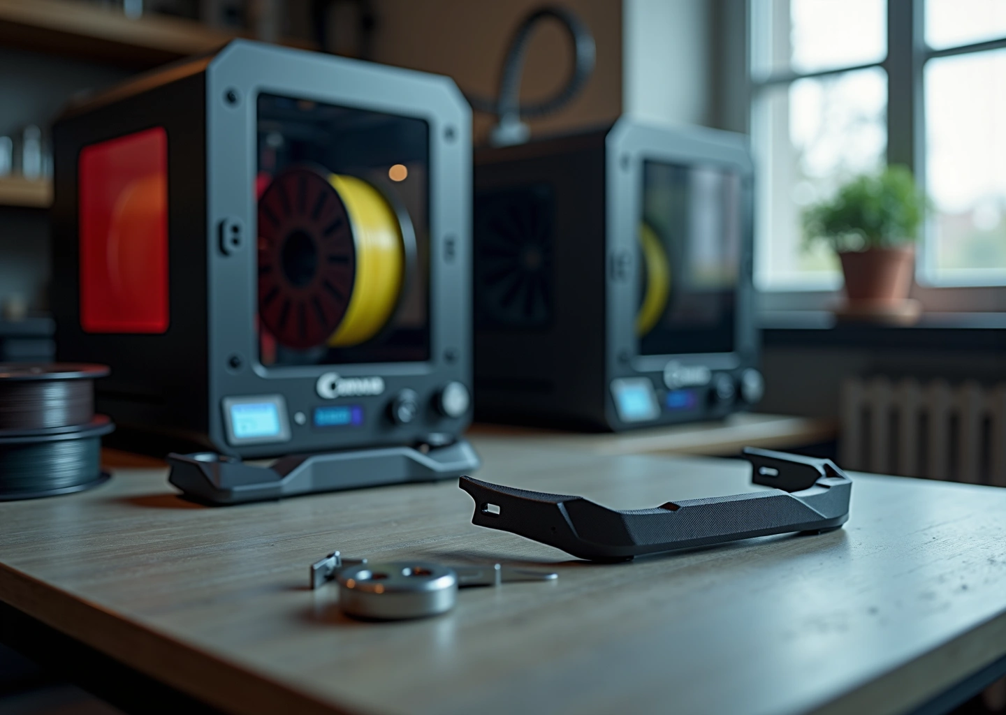 Фотореалистичное изображение мастерской малого бизнеса с 3D‑принтерами, на столе напечатанные автомобильные детали из ASA и Nylon‑CF, катушки филамента, калибр и сушильная камера.