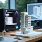 Мастерская 3D‑печати архитектурных макетов: печатающийся SLA принтер, флакон смолы, готовый раскрашенный макет и компьютер с CAD