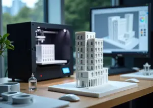 Мастерская 3D‑печати архитектурных макетов: печатающийся SLA принтер, флакон смолы, готовый раскрашенный макет и компьютер с CAD