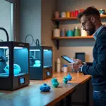Современная мастерская малого бизнеса на 3D-принтерах: FDM и SLA принтеры, предприниматель с планшетом, готовые изделия и расходные материалы на полках