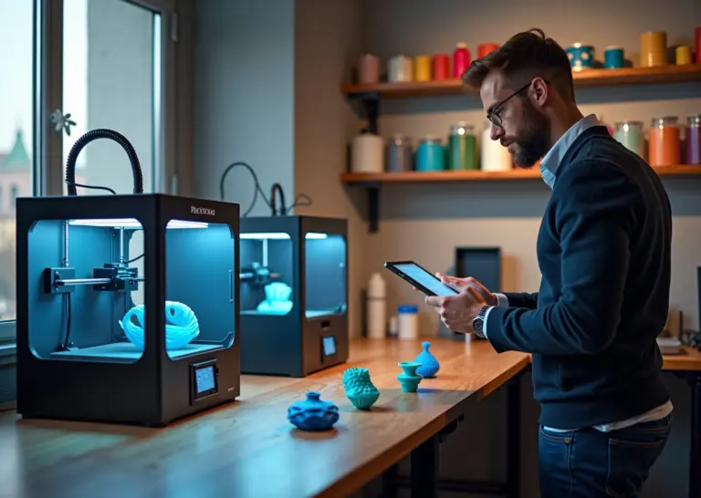 Современная мастерская малого бизнеса на 3D-принтерах: FDM и SLA принтеры, предприниматель с планшетом, готовые изделия и расходные материалы на полках