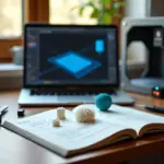 Рабочее место малого 3D‑бизнеса с 3D‑принтером, ноутбуком с бесплатным CAD и напечатанными образцами продукции