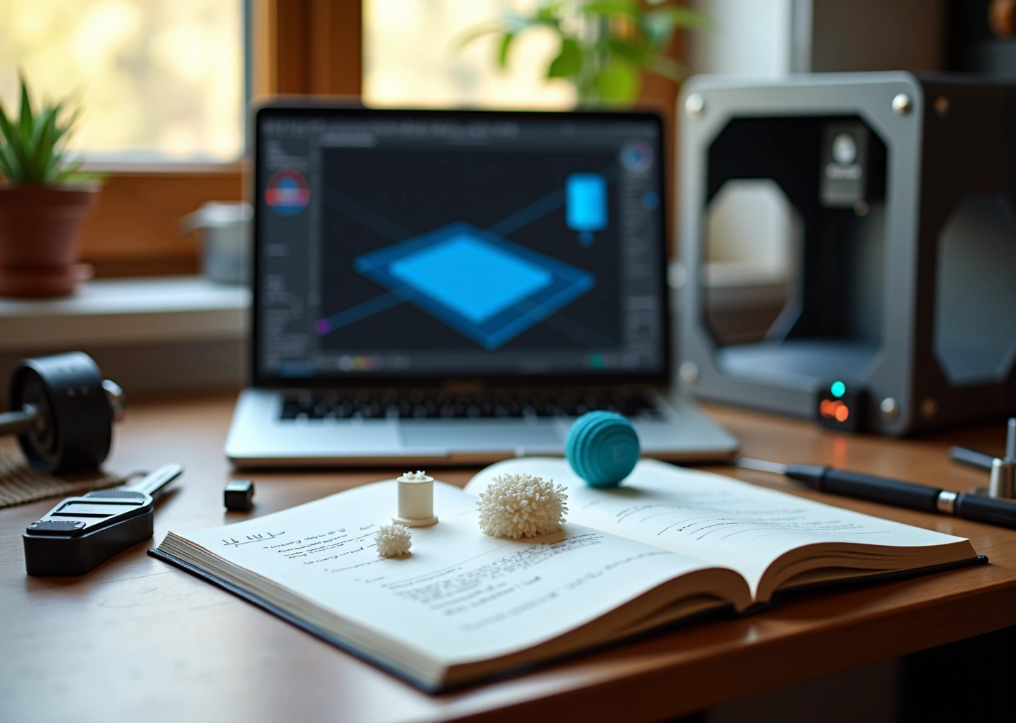 Рабочее место малого 3D‑бизнеса с 3D‑принтером, ноутбуком с бесплатным CAD и напечатанными образцами продукции