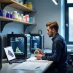 Мастерская 3D‑печати с принтерами, оператор проверяет деталь и материалы на полках на фоне городского пейзажа