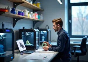 Мастерская 3D‑печати с принтерами, оператор проверяет деталь и материалы на полках на фоне городского пейзажа