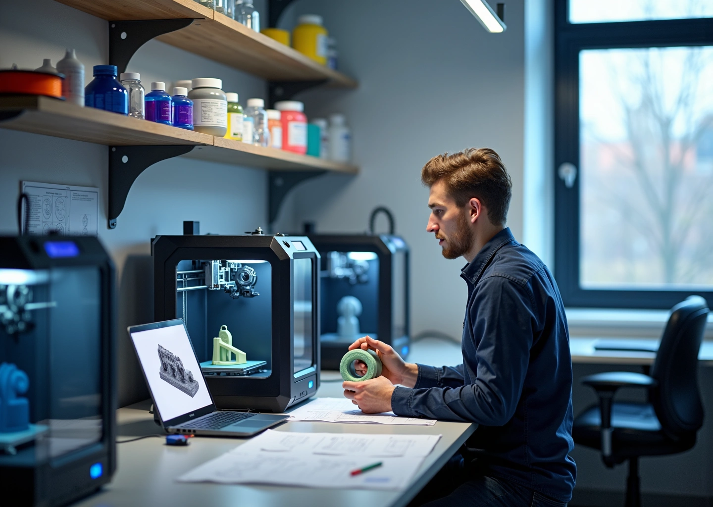 Мастерская 3D‑печати с принтерами, оператор проверяет деталь и материалы на полках на фоне городского пейзажа