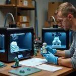 Рабочая мастерская малого бизнеса по 3D‑печати в России: рядом настольный FDM‑принтер с крупной функциональной деталью и SLA‑принтер с мелкой миниатюрой, владелец в перчатках осматривает изделия, на столе образцы печати и ноутбук с расчётами, видны УФ‑камера и упаковочные коробки.