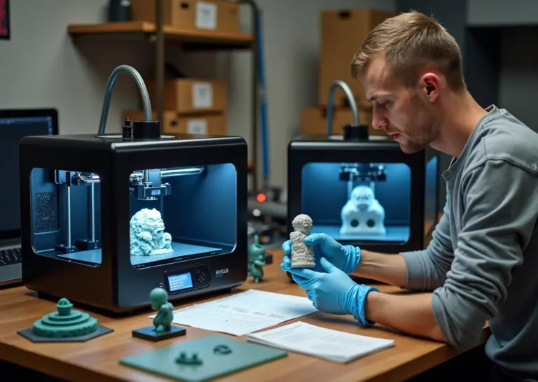 Рабочая мастерская малого бизнеса по 3D‑печати в России: рядом настольный FDM‑принтер с крупной функциональной деталью и SLA‑принтер с мелкой миниатюрой, владелец в перчатках осматривает изделия, на столе образцы печати и ноутбук с расчётами, видны УФ‑камера и упаковочные коробки.