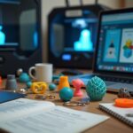 Мастерская малого бизнеса с 3D‑принтерами, напечатанными изделиями на столе и ноутбуком с открытой страницей маркетплейса 3D‑моделей