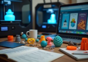 Мастерская малого бизнеса с 3D‑принтерами, напечатанными изделиями на столе и ноутбуком с открытой страницей маркетплейса 3D‑моделей