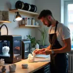 Фотография небольшой российской мастерской 3D-печати с FDM и SLA принтерами образцами изделий и постобработкой