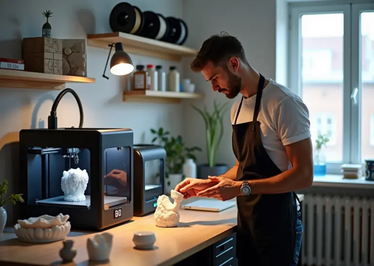 Фотография небольшой российской мастерской 3D-печати с FDM и SLA принтерами образцами изделий и постобработкой