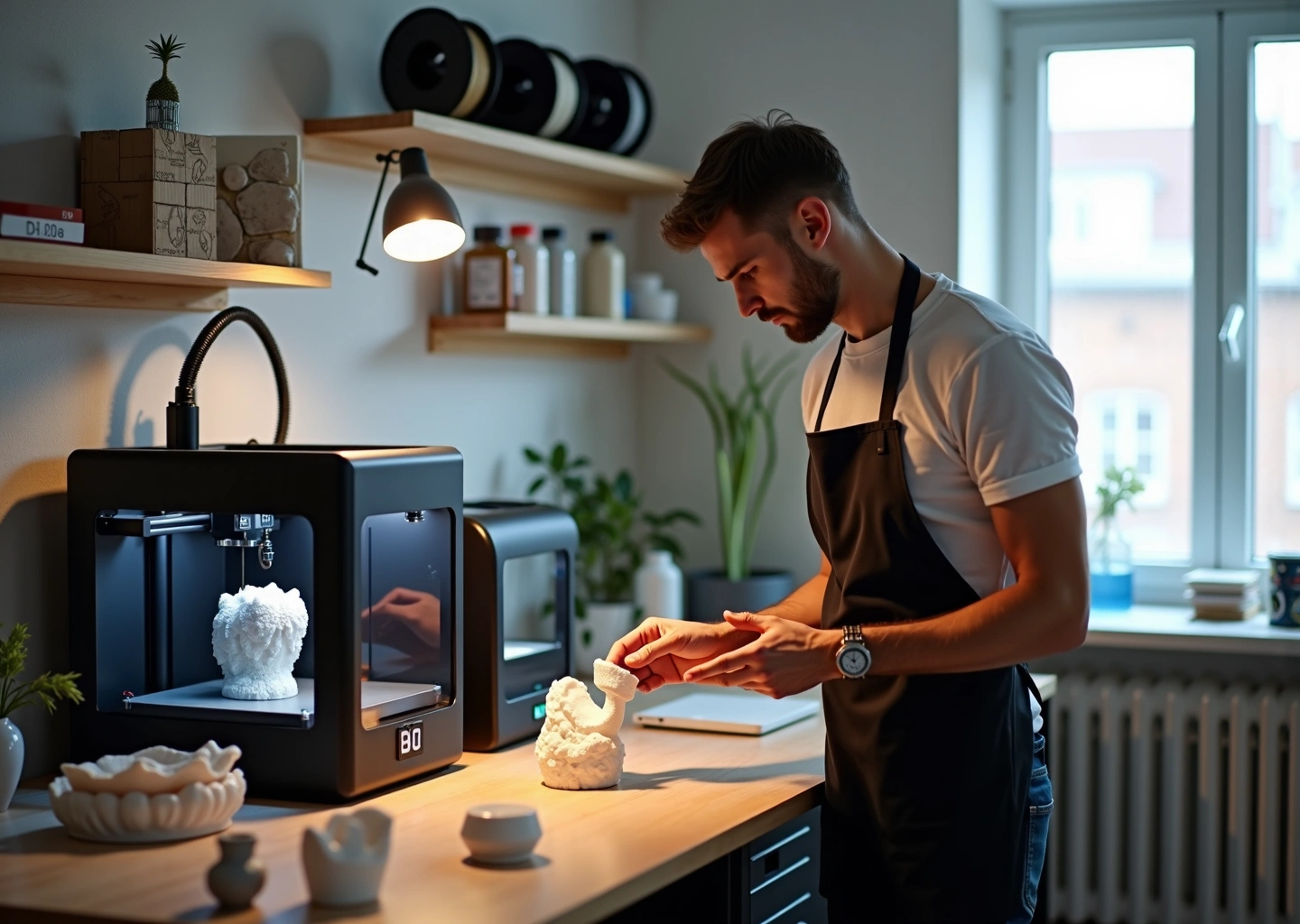 Фотография небольшой российской мастерской 3D-печати с FDM и SLA принтерами образцами изделий и постобработкой