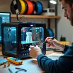 Мастер ремонтирует 3D принтер на рабочем столе с инструментами, запасными соплами и катушками филамента в небольшом цехе