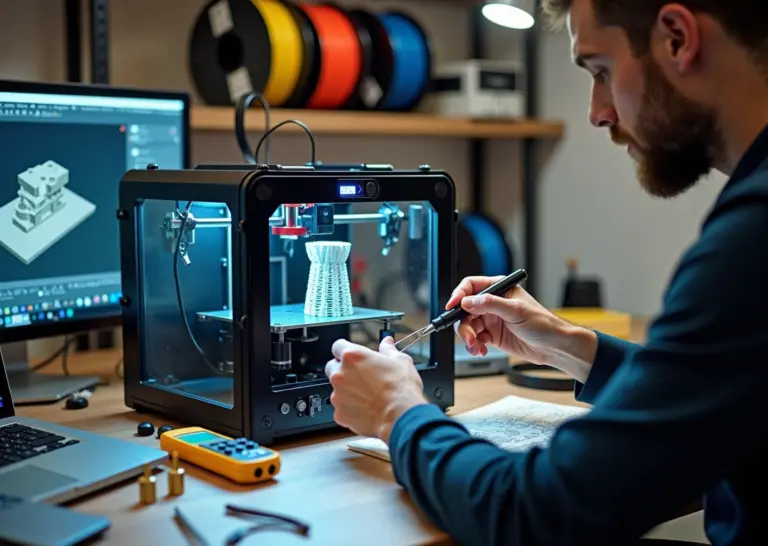 Мастер ремонтирует 3D принтер на рабочем столе с инструментами, запасными соплами и катушками филамента в небольшом цехе