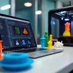 Рабочий стол малого 3D‑производства с ноутбуком показывающим интерфейсы Cura PrusaSlicer и Simplify3D принтером и напечатанными деталями